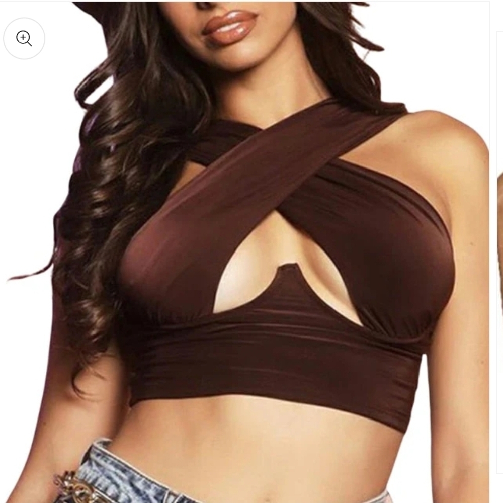 SHEIN Dark Brown Cross Front Crop Top